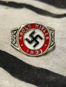 WW2 GERMAN ADOLF HITLER 1933 ENAMELED 835 SILVER RING