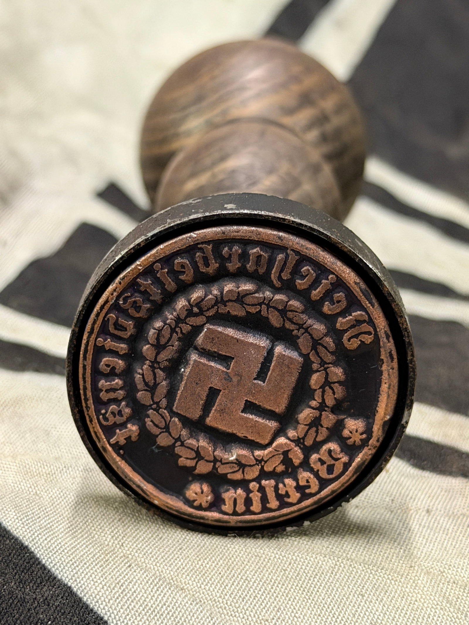 WW2 German Stamp - Reicharbeitsdienst Berlin Hand Stamp: WW2 German Stamp - Reicharbeitsdienst Berlin Hand Stamp. An ultra rare find that is in mint overall shape and condition with a beautiful overall patina. Shows good wear and use. Please view all detail