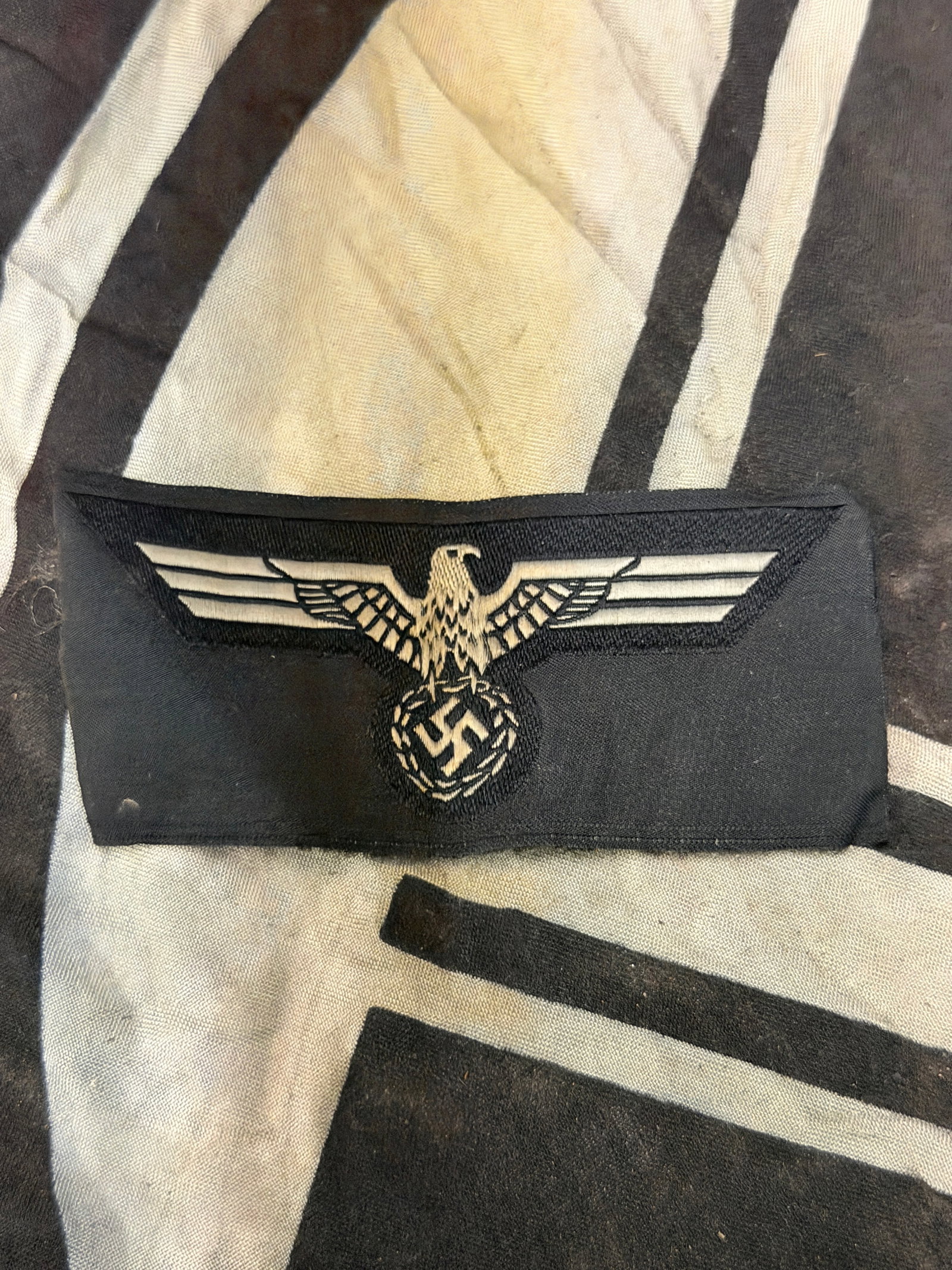 WWII German M39 Black Panzer Breast Eagle: WWII German M39 Black Panzer Breast Eagle. German Army Panzer versions of the breast eagle on a black base to match the black panzer wrap uniform. , Later M39 pattern, machine woven national breast ea