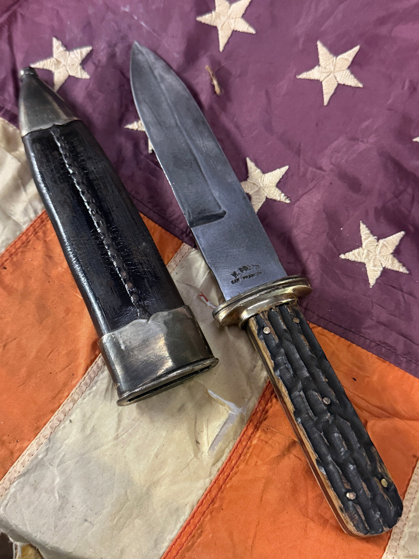 1800'S M. PRICE SAN FRANCISCO HAND-ENGRAVED STAG HANDLE HUNTING KNIFE WITH SHEATH: 1800'S M. PRICE SAN FRANCISCO HAND-ENGRAVED STAG HANDLE HUNTING KNIFE WITH SHEATH. A VERY RARE FIND. SHOWS GOOD WEAR AND USE WITH A BEAUTIFUL OVERALL PATINA. HAS A GREAT LOOK TO IT WITH AN EXCELLENT O