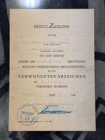 RARE WW2 GERMAN PANZER DIVISION WOUND BADGE GIVEN TO RECEIPIENT IN SILVER AWARD DOCUMENT