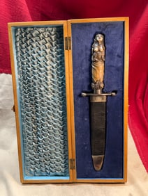 1800'S WADE & BUTCHER SHEFFIELD CIVIL WAR ERA NAKED CARVED LADY HANDLE BOWIE KNIFE IN ORIGINAL CASE