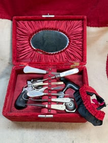 1800'S LADY OF THE EVENING CASED GUN, SPIKED DAGGER, & MANICURE CASED SET IN VICTORIAN VELVET BOX