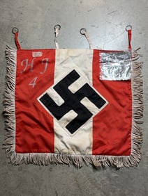 RARE WW2 GERMAN HITLER YOUTH DIVISION #4 TRUMPET BANNER FLAG - DOUBLE SIDED WITH RZM PAPER TAG