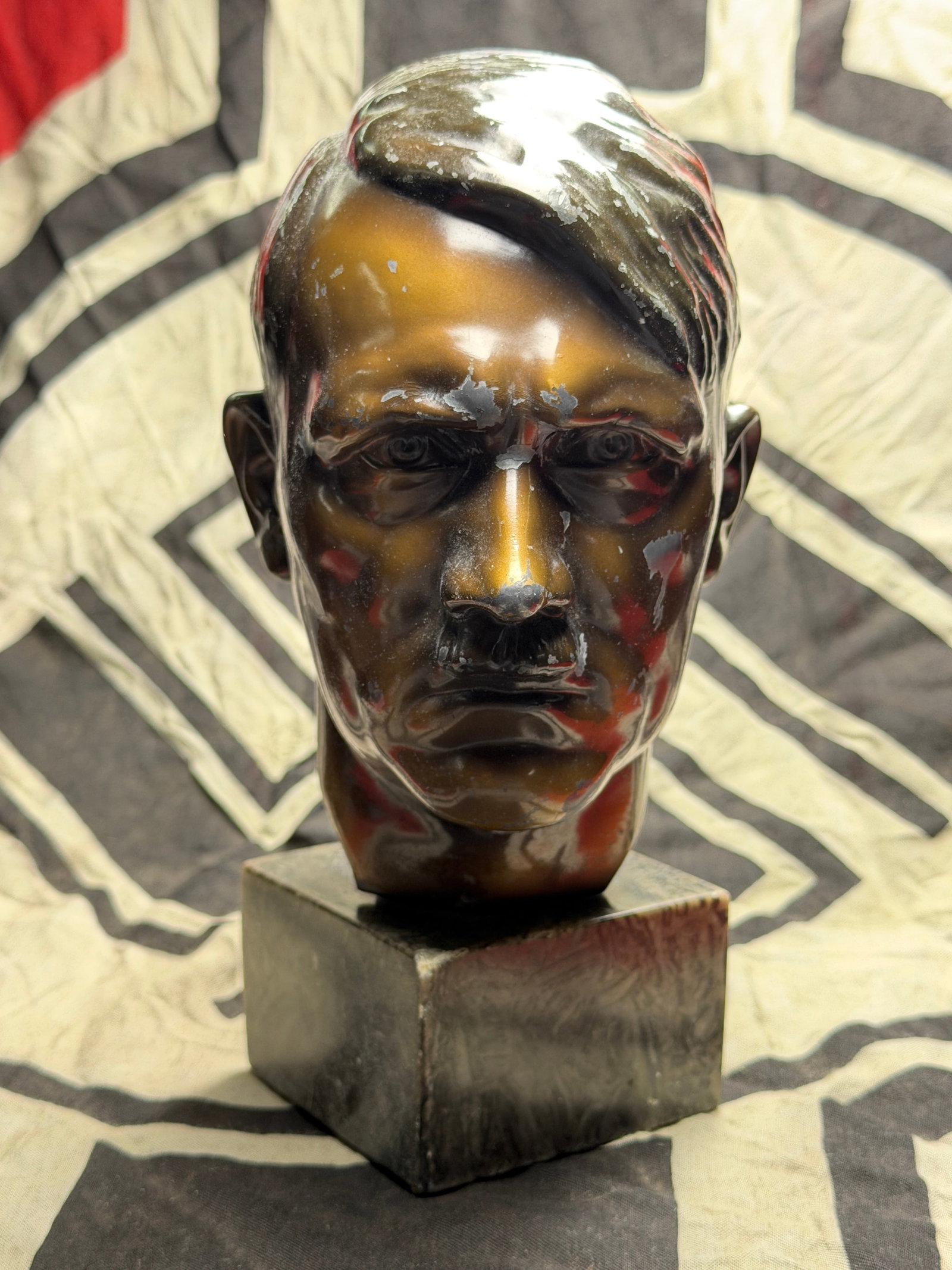 WW2 German Large Metal Desk Top Adolf Hitler Bust With Heavy Marble Base: WW2 German Large Metal Desk Top Adolf Hitler Bust With Heavy Marble Base. Adolf Hitler Bust made of Metal with a BRONZE wash. Hitler bust is on a gray solid marble base. It stands about 10 inches tall