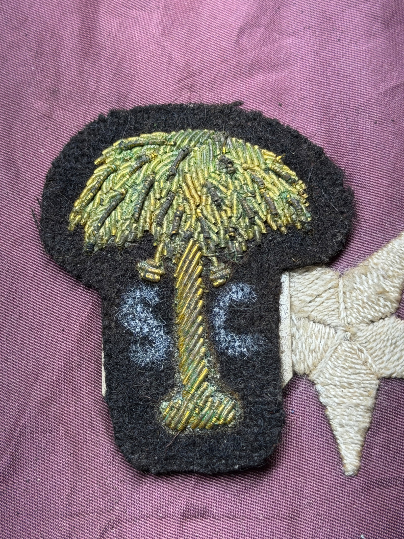 Civil War Confederate South Carolina Bullion Badge by J.H. Silverberg: This rare Confederate insignia represents the state of South Carolina and is attributed to the noted military outfitter J.H. Silverberg. The badge features a finely hand-embroidered palmetto tree, the