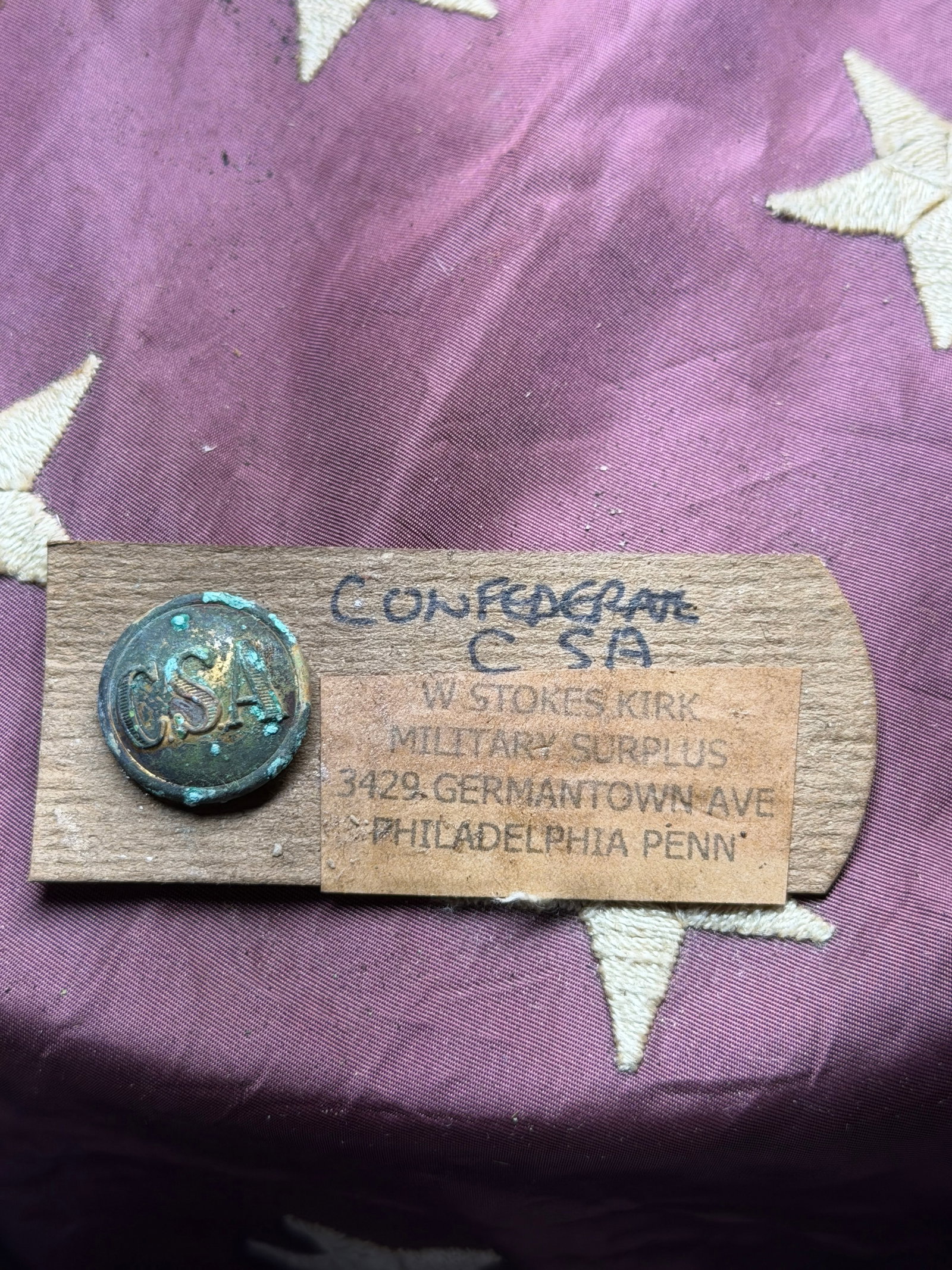 Civil War Confederate States Army (CSA) uniform button by W. Stokes Kirk: Civil War Confederate States Army (CSA) uniform button by W. Stokes Kirk. CSA buttons like this were worn by Confederate soldiers on their uniforms during the American Civil War. There were several va