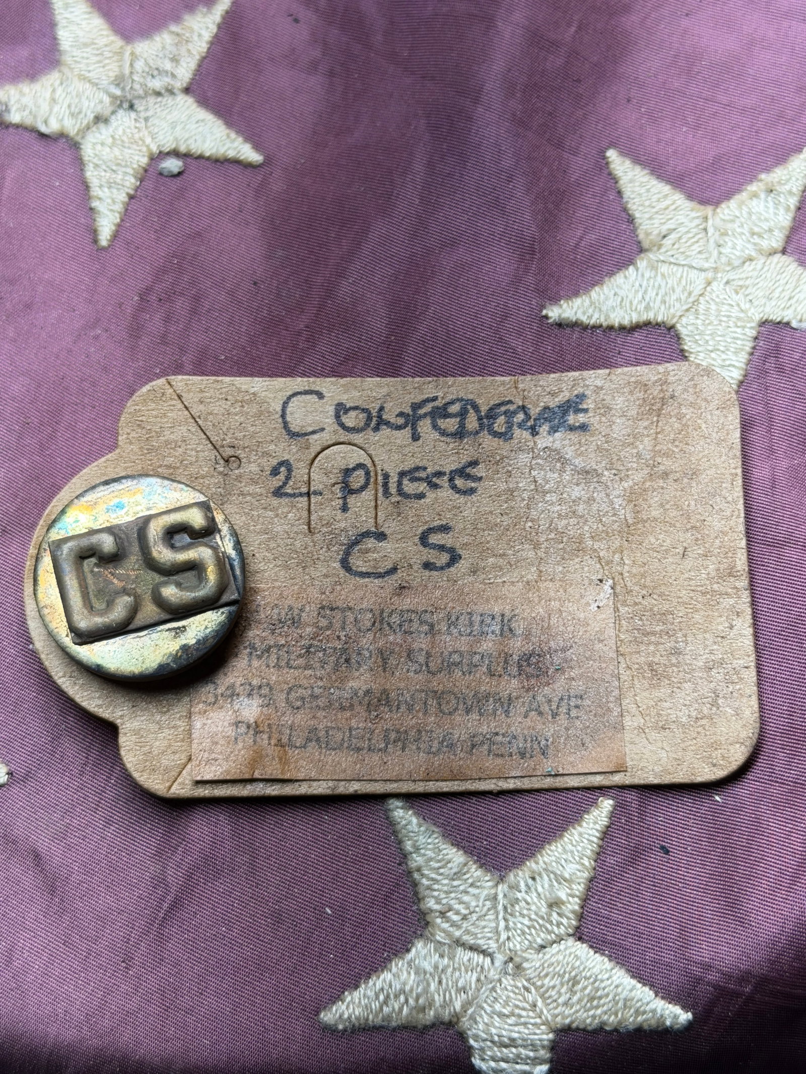 Civil War Confederate States (CS) two-piece button by W. Stokes Kirk: Civil War Confederate States (CS) two-piece button by W. Stokes Kirk. The raised “CS” letters (for Confederate States) are typical of buttons used by the Confederate Army during the American C