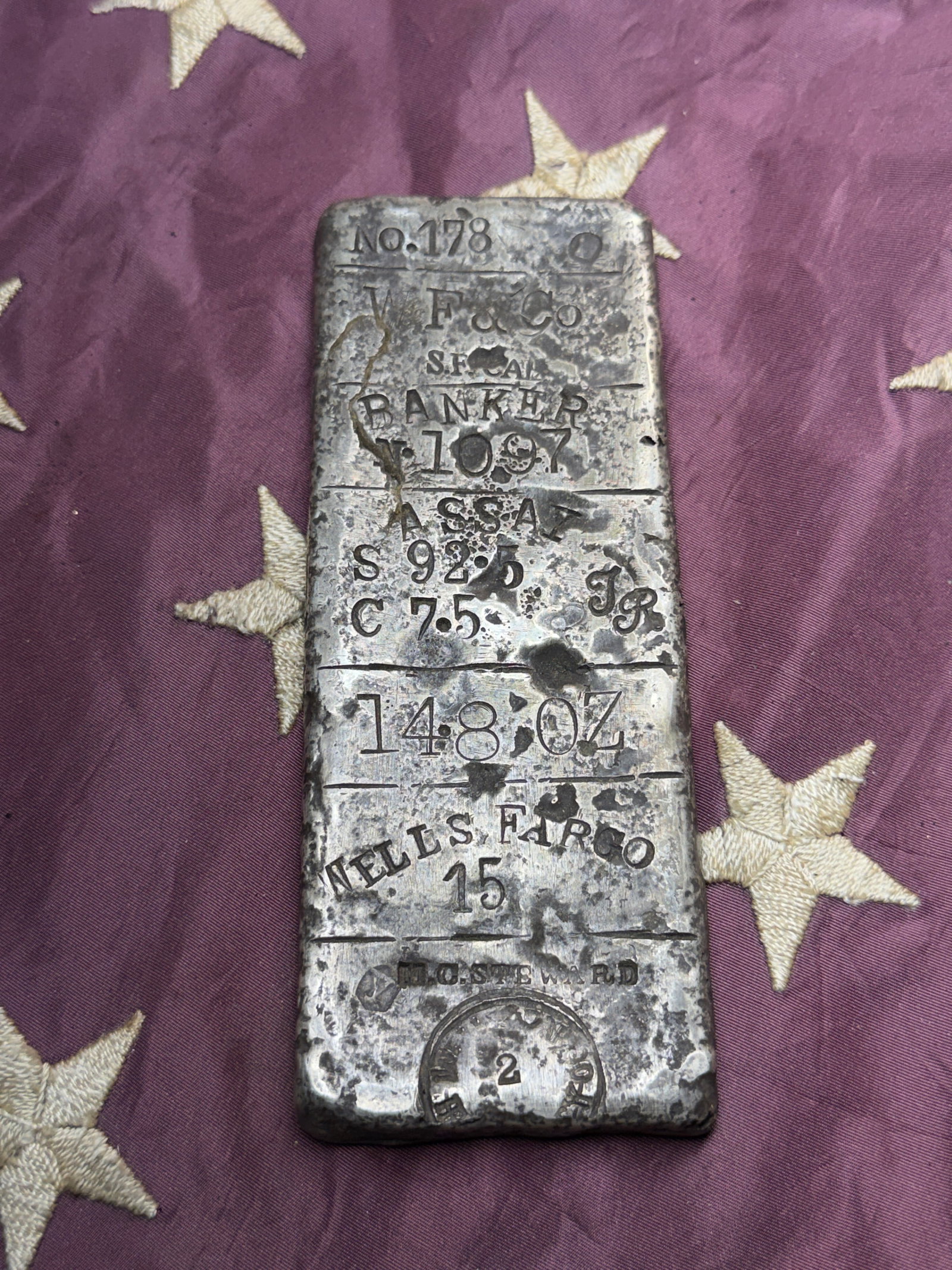 CIVIL WAR 14.8 OZT .999 FINE SILVER WELLS FARGO & CO. BAR FROM M.C. STEWARD HOSPITAL: CIVIL WAR 14.8 OZT .999 FINE SILVER WELLS FARGO & CO. BAR FROM M.C. STEWARD HOSPITAL. THIS BAR WAS SENT TO WELLS FARGO BY THE M.C. STEWARD HOSPITAL DURING THE CIVIL WAR FOR ITS ACCOUNTING, ETC. THIS I