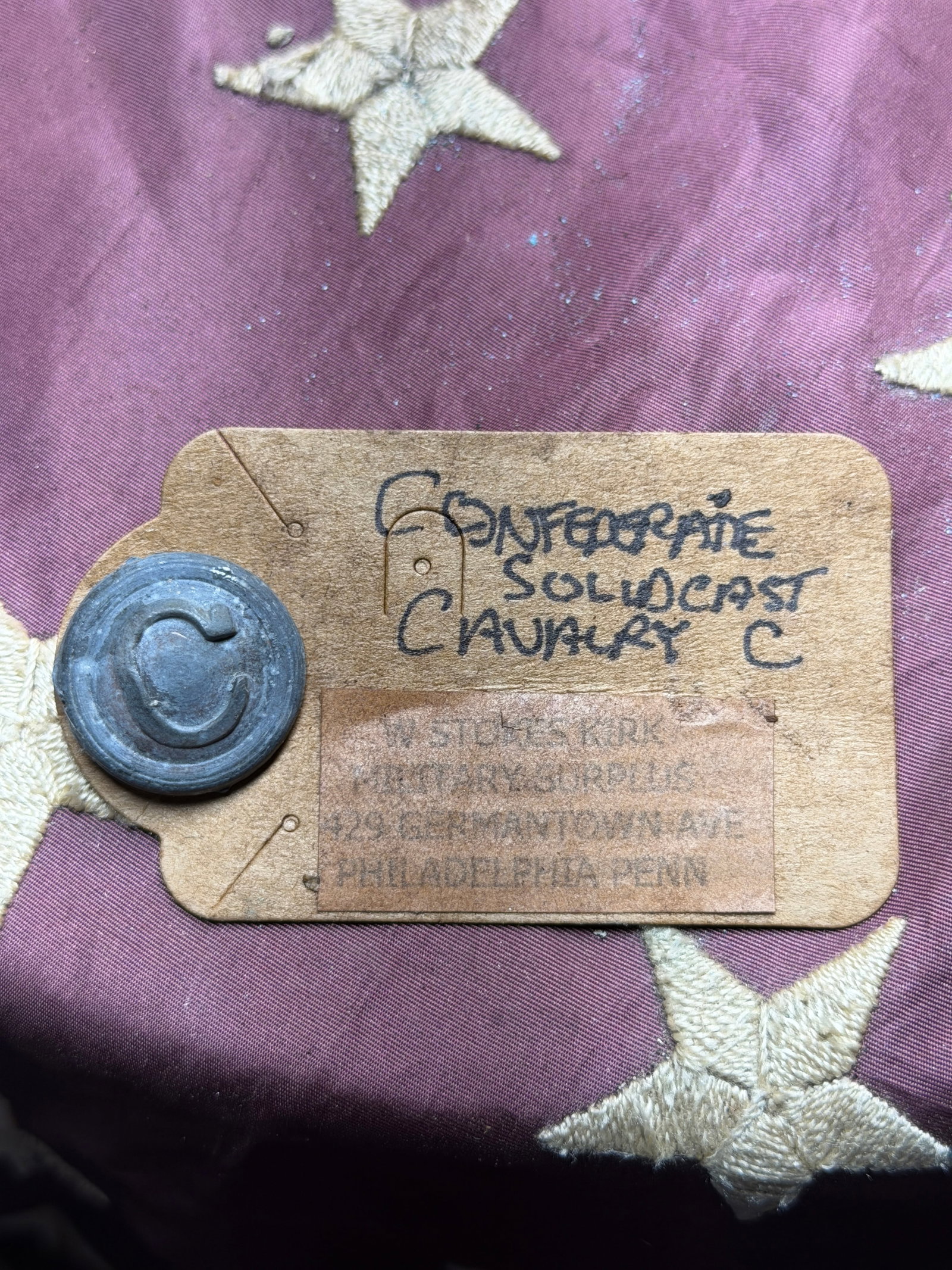 Civil War W. Stokes Kirk Confederate solid-cast cavalry “C?? Button: Civil War W. Stokes Kirk Confederate solid-cast cavalry “C” Button. These buttons were typically cast in the South under rough field or local conditions. Unlike Union buttons, which were struc