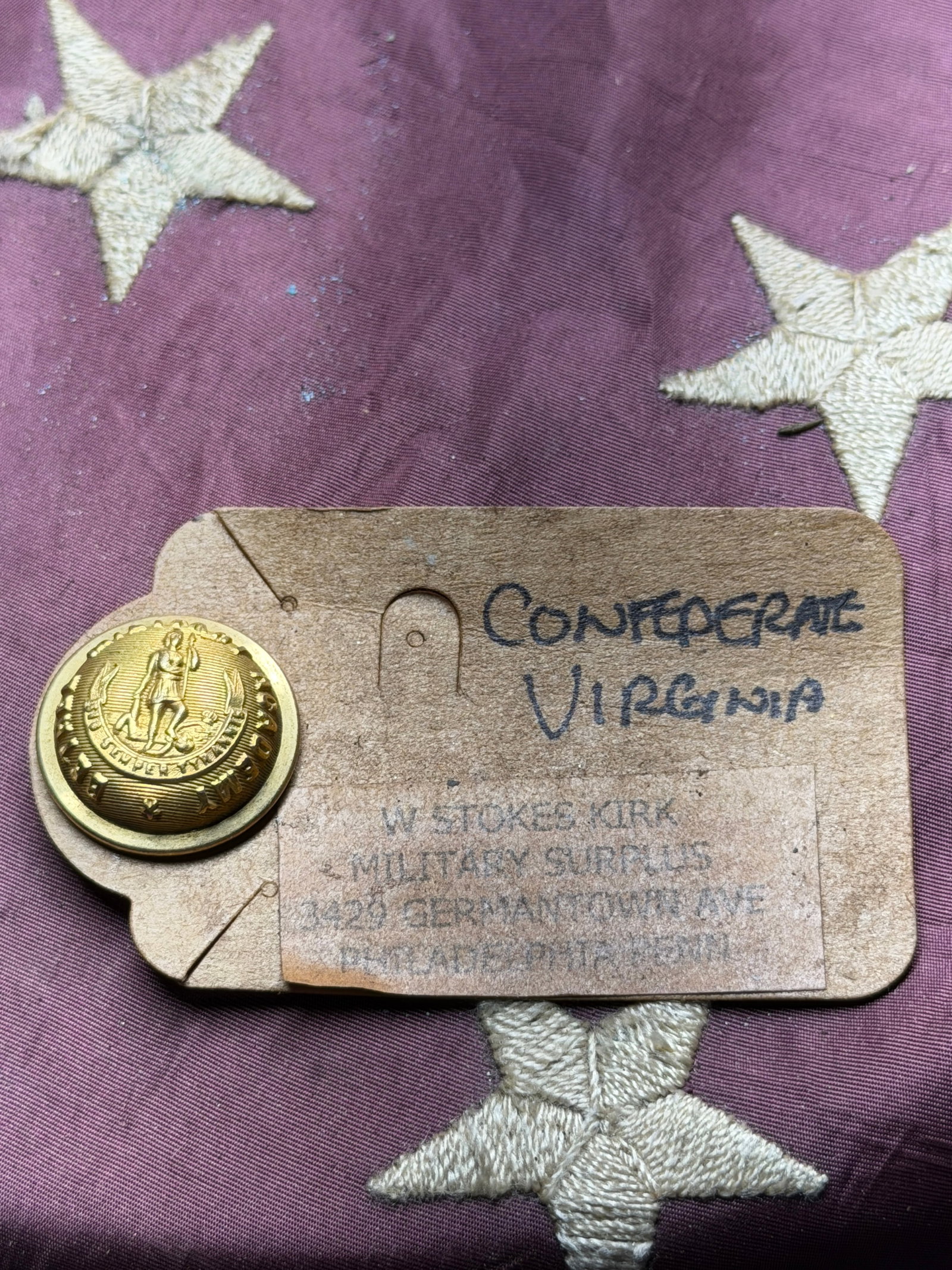 Civil War Confederate Virginia state button by W. Stokes Kirk: Civil War Confederate Virginia state button by W. Stokes Kirk. The button features the Virginia state seal, showing the allegorical figure of Virtus (Virtue) standing over a defeated tyrant, with the 