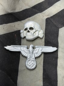 SET OF (2) WW2 GERMAN TOTENKOPF SS OFFICER VISOR CAP EAGLE AND DEATH SKULL BY RZM