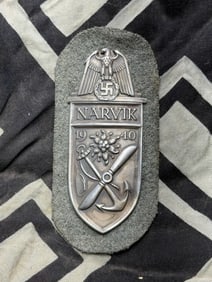 SCARCE WW2 GERMAN ARMY NARVIK SHIELD SLEEVE BADGE BY F.A.B.