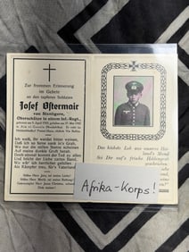WW2 GERMAN AFRIKA KORPS SOLDIER JOSEF OSTERMAIR STERBEBILD OR DEATH CARD