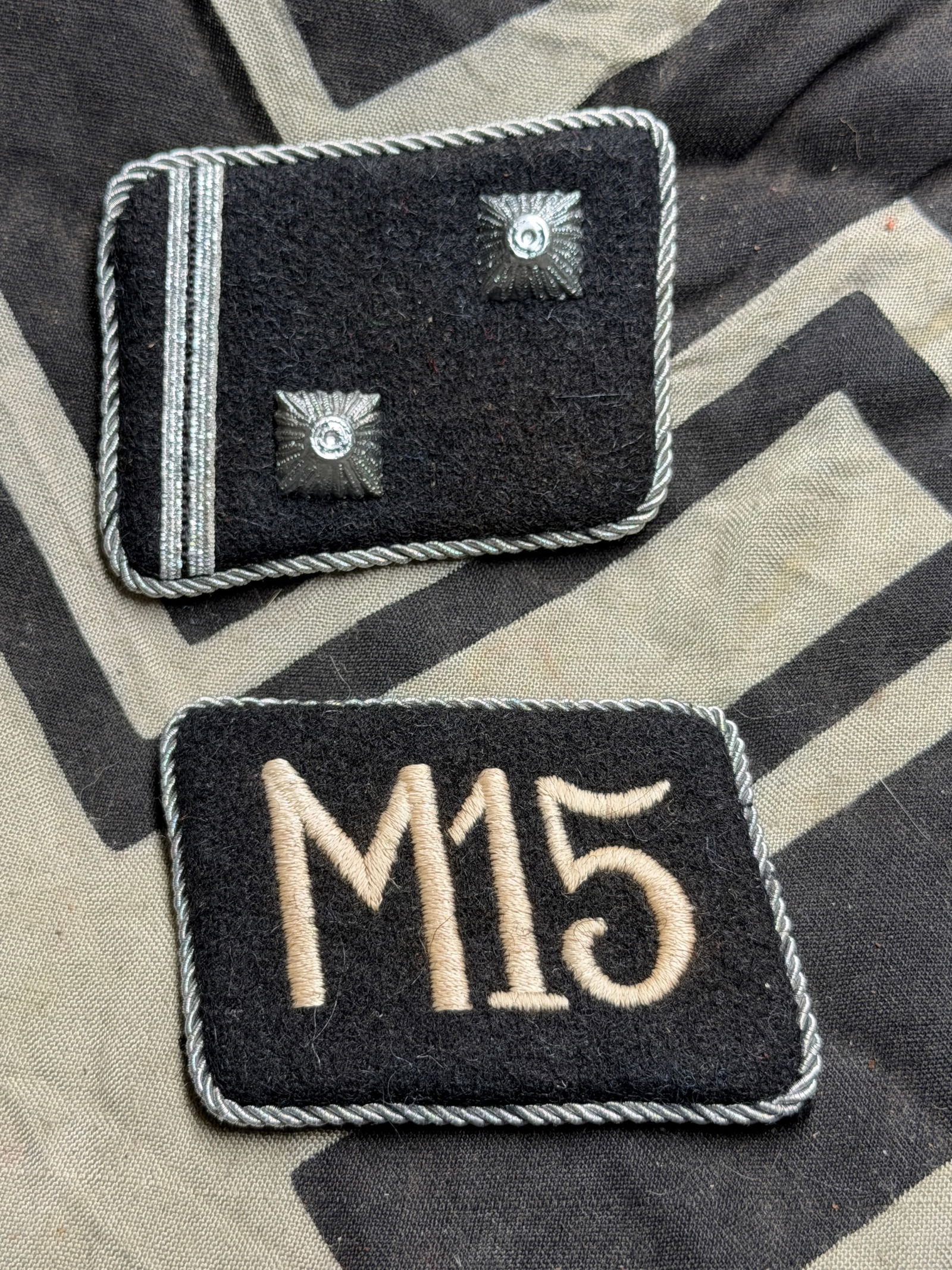 WW2 German Allgemeine SS 15th Motorised Unit Collar Tabs With RZM Paper Tag: WW2 German Allgemeine SS 15th Motorised Unit Collar Tabs With RZM Paper Tag. The SS divided Germany and the occupied territories into Oberabschnitte (districts) that roughly corresponded to the German