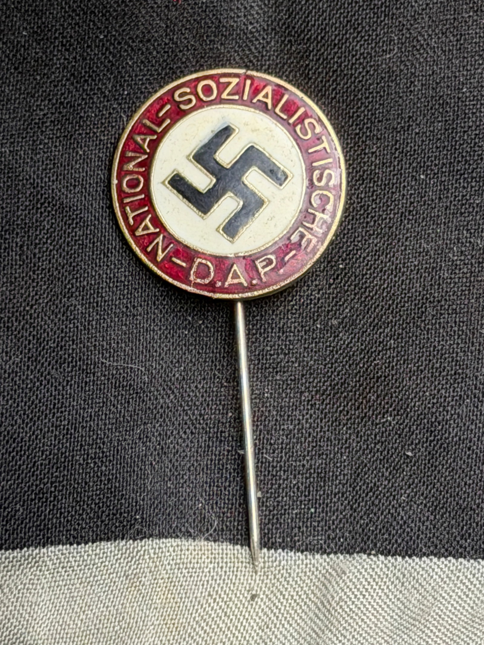 German WWII NSDAP Party Enamel Membership Badge Lapel Stick Pin: German WWII NSDAP Party Enamel Membership Badge Lapel Stick Pin. This is a very nice original early pattern German NSDAP (NSDAP) Party Enameled Membership Badge Lapel Pin, basically a smaller version 