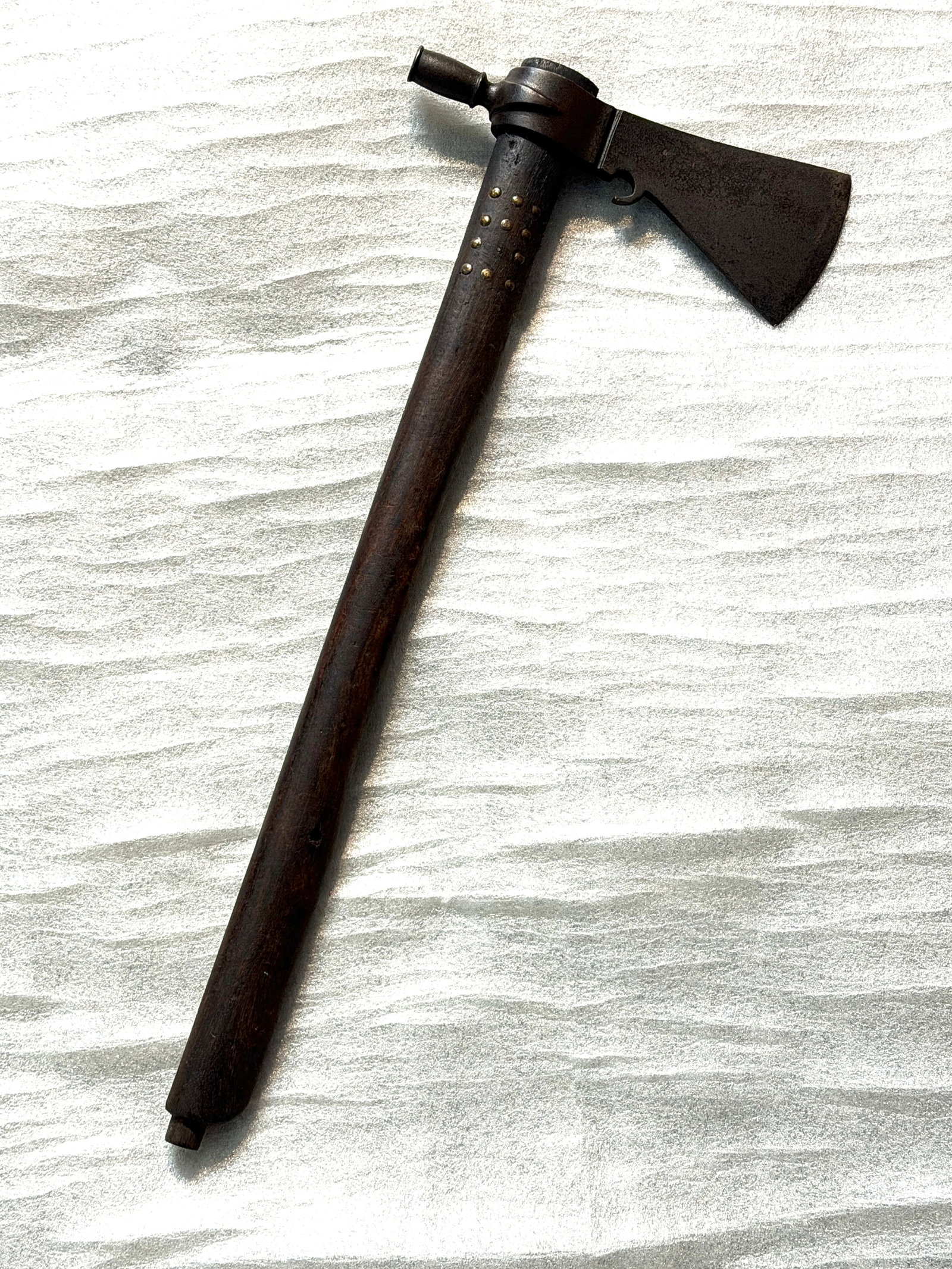 EARLY 1800'S NATIVE AMERICAN SIOUX INDIANS PIPE TOMAHAWK: This is an excellent example of a 19th-century pipe tomahawk , measuring approximately 18 inches in overall length with a 7-inch forged steel head . The tomahawk features a classic trade-style axe hea