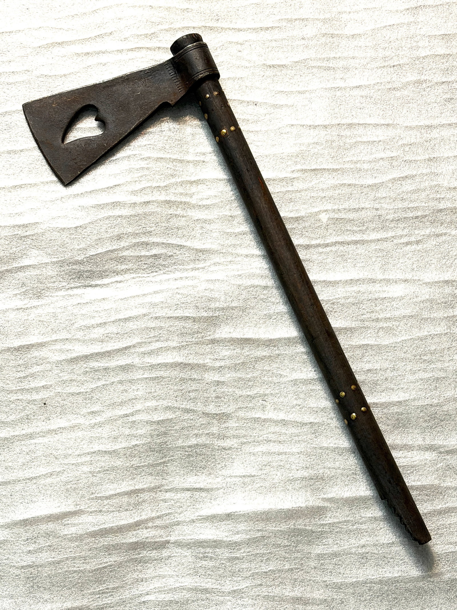 1800'S NATIVE AMERICAN INDIANS HEART SHAPED CUTOUT PIPE TOMAHAWK: 1800'S NATIVE AMERICAN INDIANS HEART SHAPED CUTOUT PIPE TOMAHAWK. The tomahawk head features a distinctive heart-shaped cutout, a common decorative and symbolic motif seen on Native American and fur t