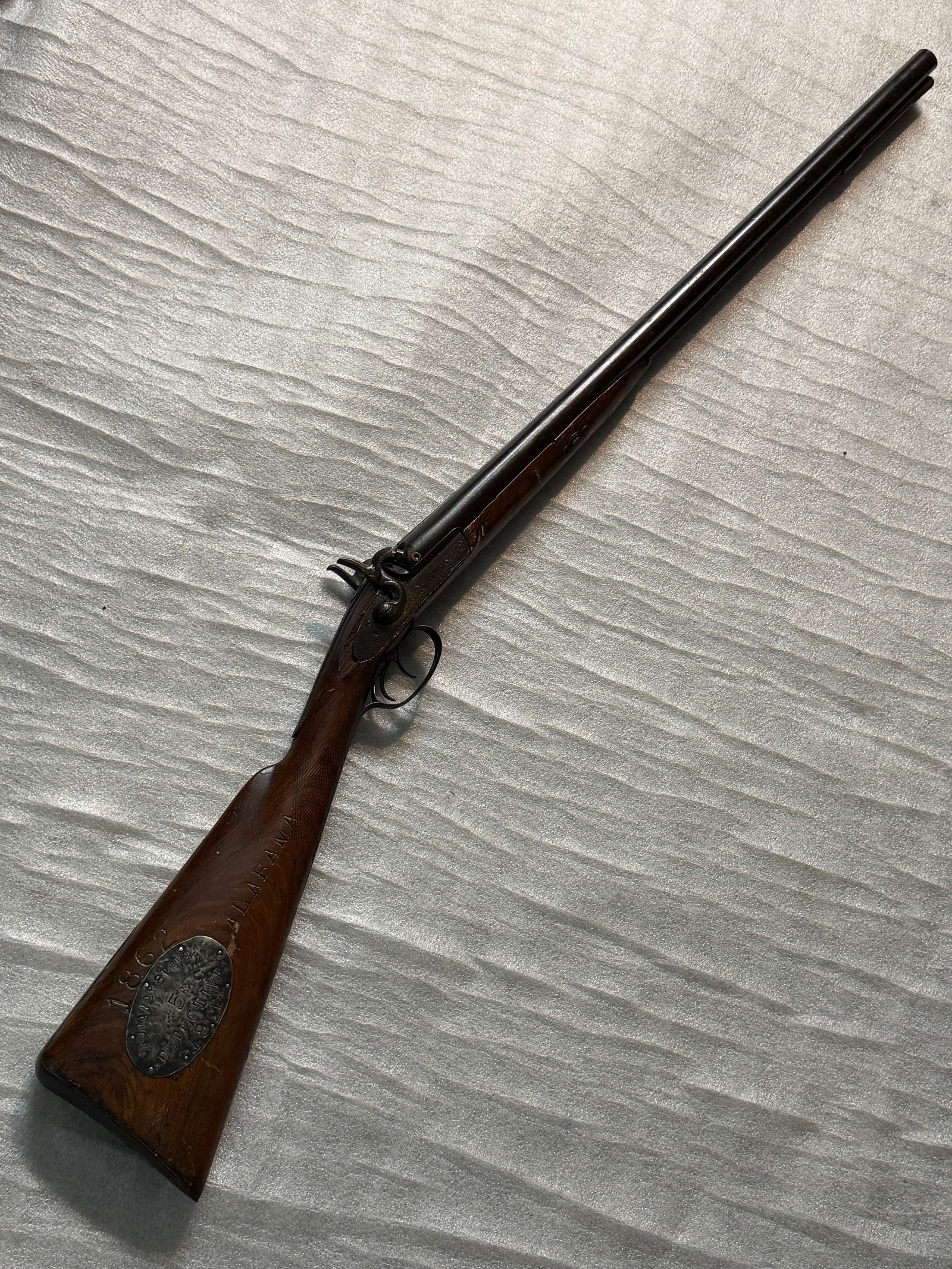 1862 "Runaway Slave Detective" Marked Double-Barrel Shotgun - Alabama Civil War Era: 1862 "Runaway Slave Detective" Marked Double-Barrel Shotgun - Alabama Civil War Era. This is an exceptionally rare and historically significant double-barrel percussion shotgun with deeply troubling b
