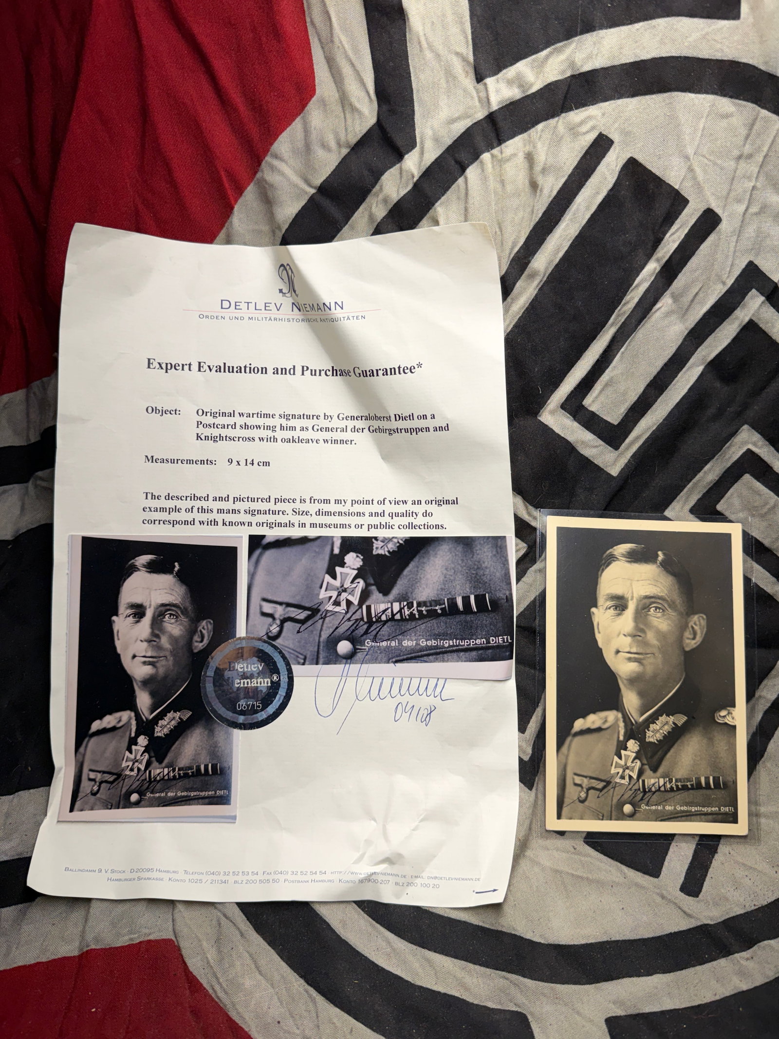 WW2 German Autographed Portrait Postcard of Generaloberst Eduard Dietl With COA: WW2 German Autographed Portrait Postcard of Generaloberst Eduard Dietl With COA. This postcard bears the original wartime signature of Generaloberst Eduard Dietl, one of Nazi Germany’s most celebrat