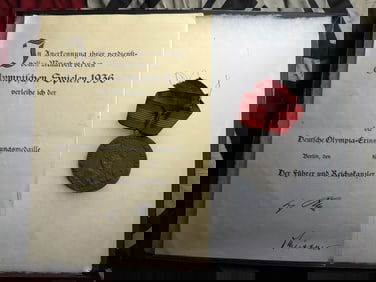 WW2 German 1936 Berlin Olympics Commemorative Medal with Award Certificate W/ Adolf Hitler Signature