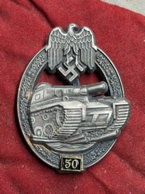 WWII German Panzer Assault Badge in Silver – “50 Engagements?? Grade, Maker Marked JFS