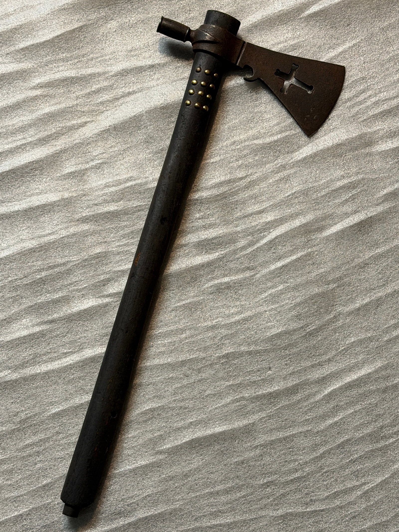 1800's Native American Cherokee Indians Pipe Tomahawk with Cross-Cut Blade: This exceptional pipe tomahawk represents a powerful fusion of diplomacy, warfare, and cultural identity among the Cherokee people during the mid–19th century. Forged with a broad iron blade featuri