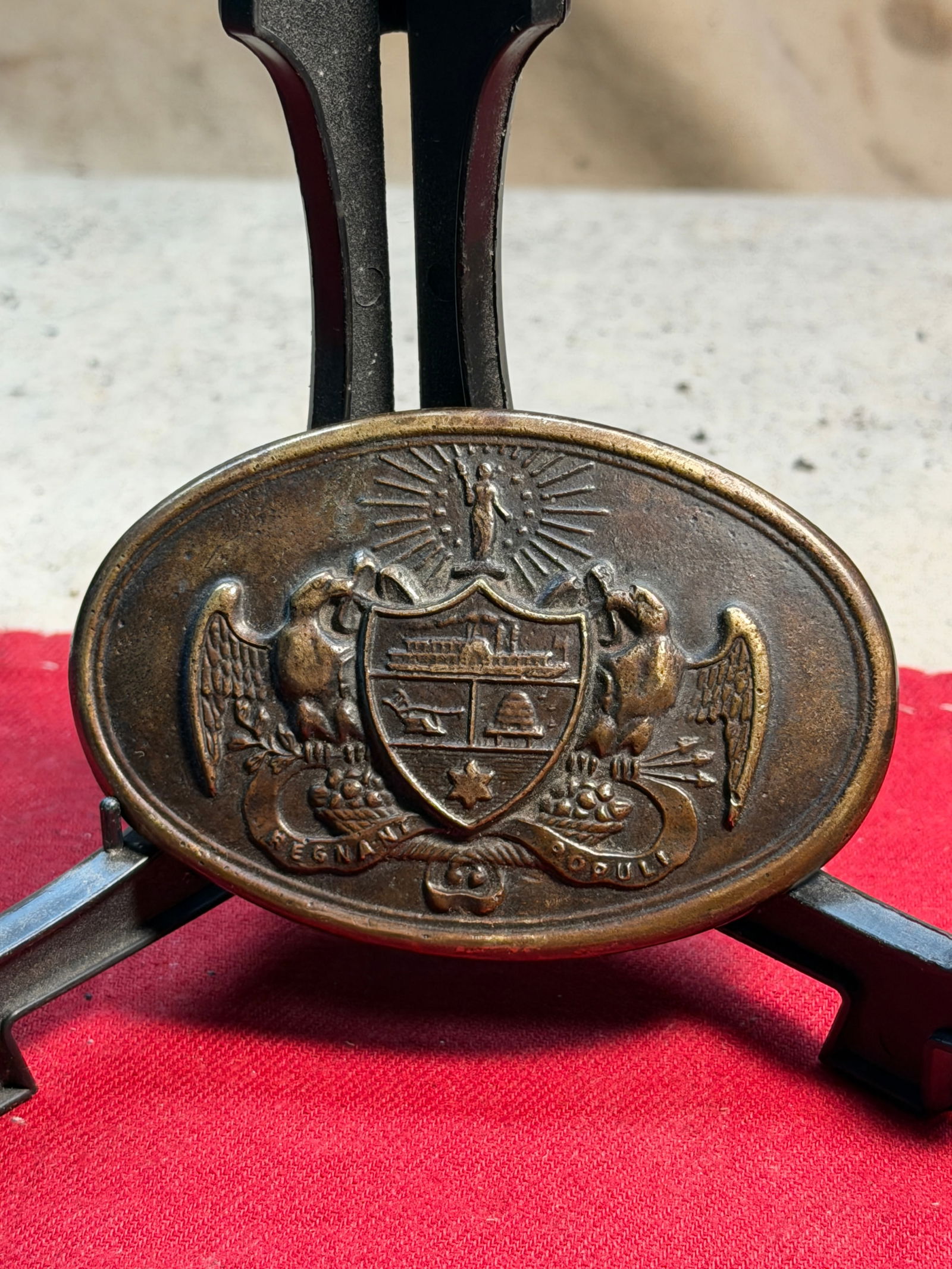 Civil War–Era Pennsylvania State Militia Belt Plate Buckle: This brass oval belt plate, bearing the Great Seal of the Commonwealth of Pennsylvania, dates to the Civil War era (1861–1865) and was worn by members of the Pennsylvania state militia or affiliated