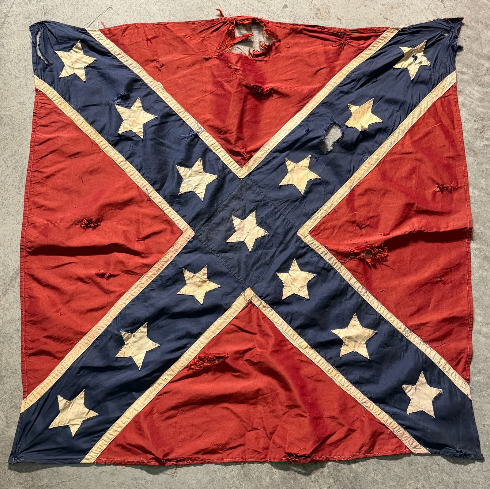 Ultra Rare Civil War Confederate CSA 13 Star Double Sided Battle Flag: Confederate battle flag is constructed of red and blue wool bunting with hand-sewn cotton stars arranged on the diagonal cross associated with Confederate military units during the American Civil War.