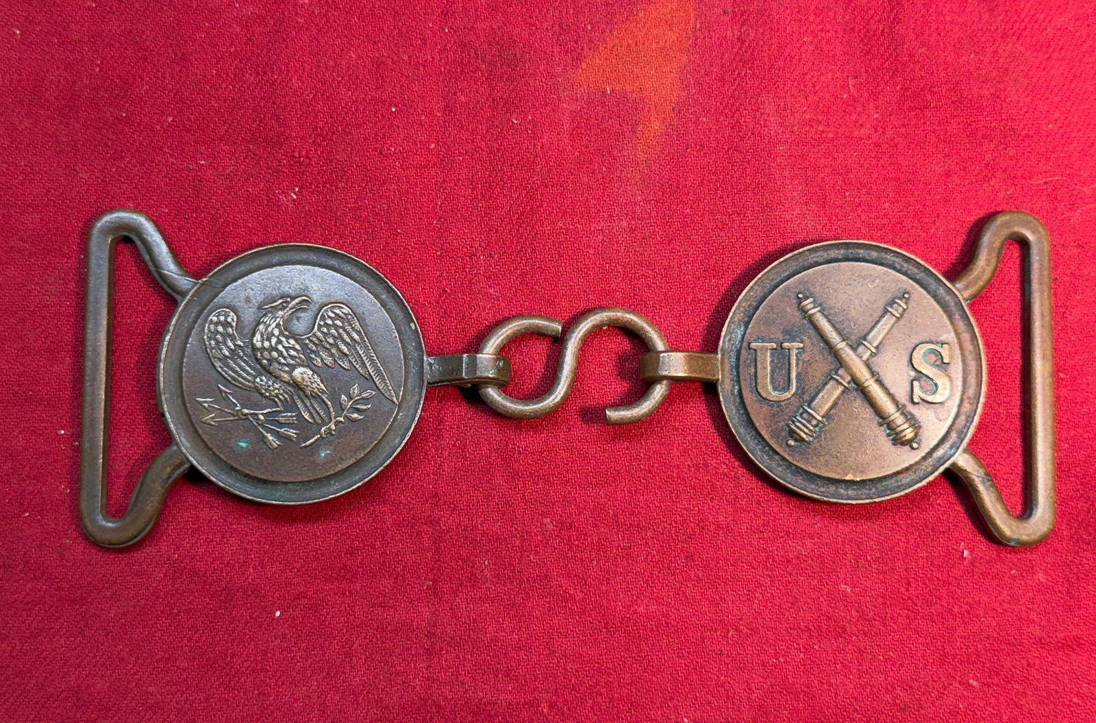 Original U.S. Army Model 1851 Artillery Enlisted Belt Buckle Set: This original Civil War–era two-piece artillery buckle set, dating to the mid-19th century, represents one of the most recognizable accoutrements worn by Union artillerymen. Cast in brass with its u