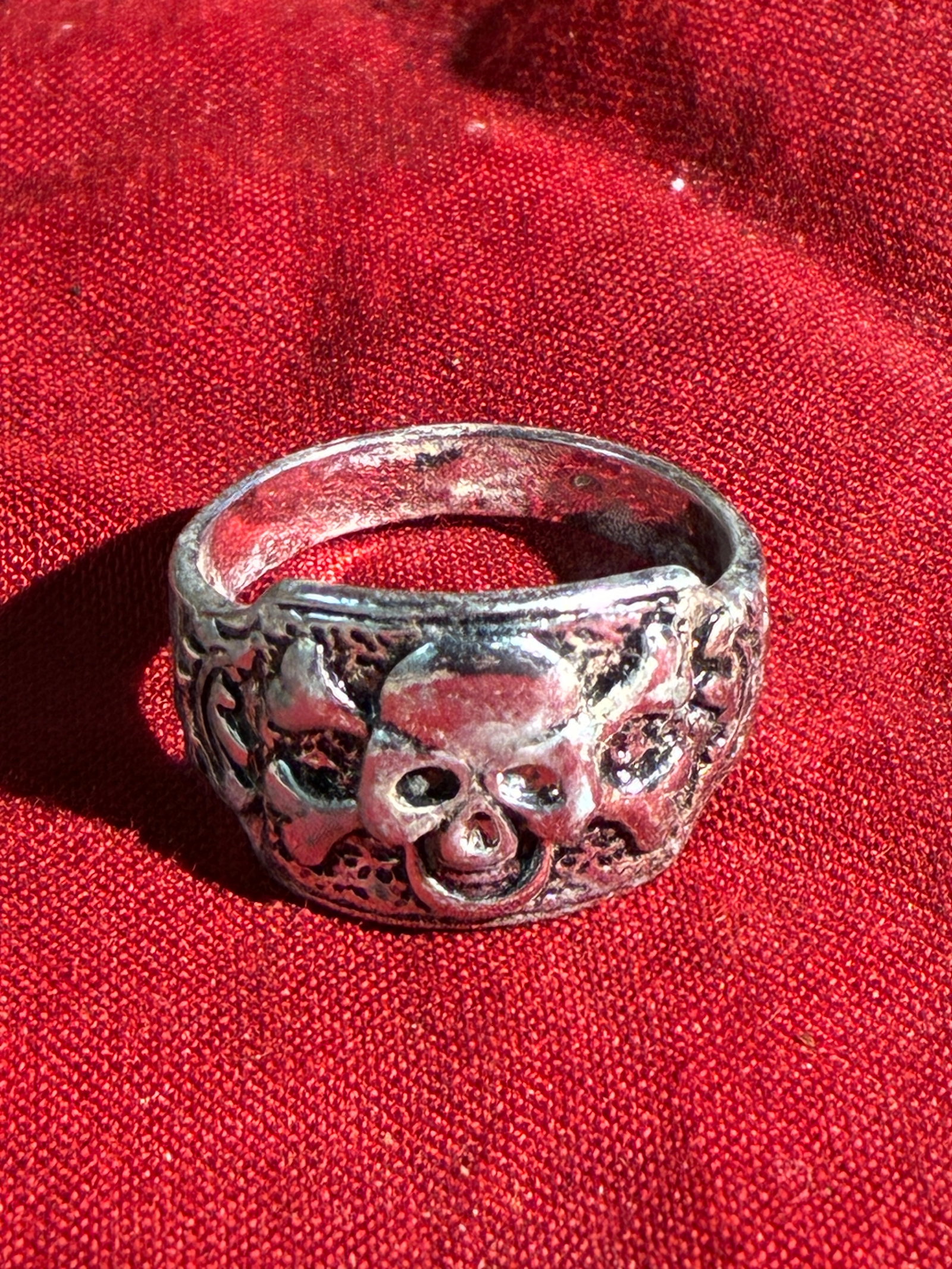 WW2 German Totenkopf Ring (Private-Purchase Variant), c. 1930s–1940s: This ring is a privately purchased German Totenkopf (skull) ring, produced during the 1930s–1940s. Such rings were widely available through jewelers, catalogs, and soldier supply shops throughout th