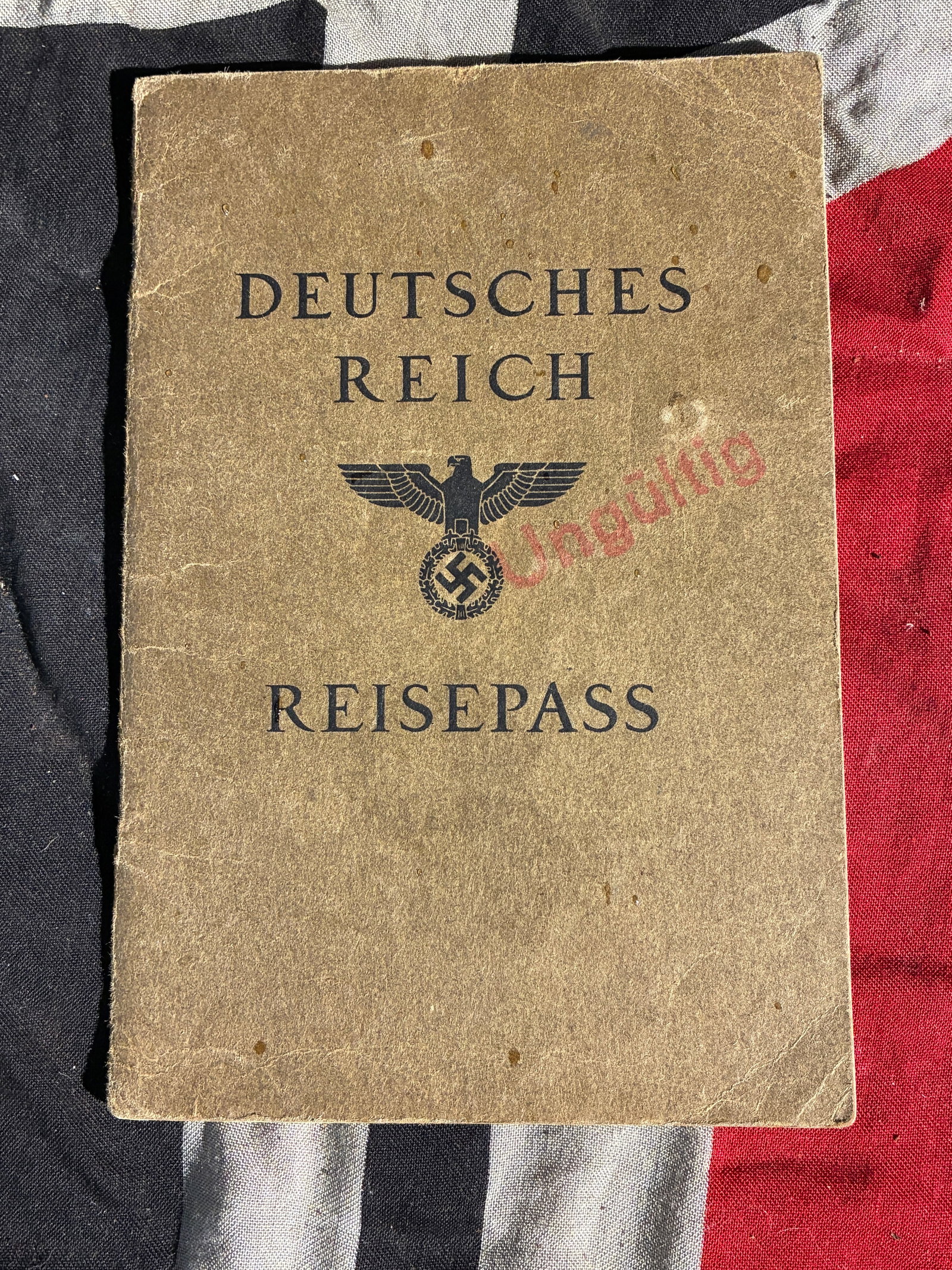 WW2 German Reich Passport (Reisepass) — Issued 1938: This passport, issued in July 1938 in the city of Riesa, is an official travel document of the Deutsches Reich (German Reich) during the National Socialist period. It belonged to Maria Theresia Geschw