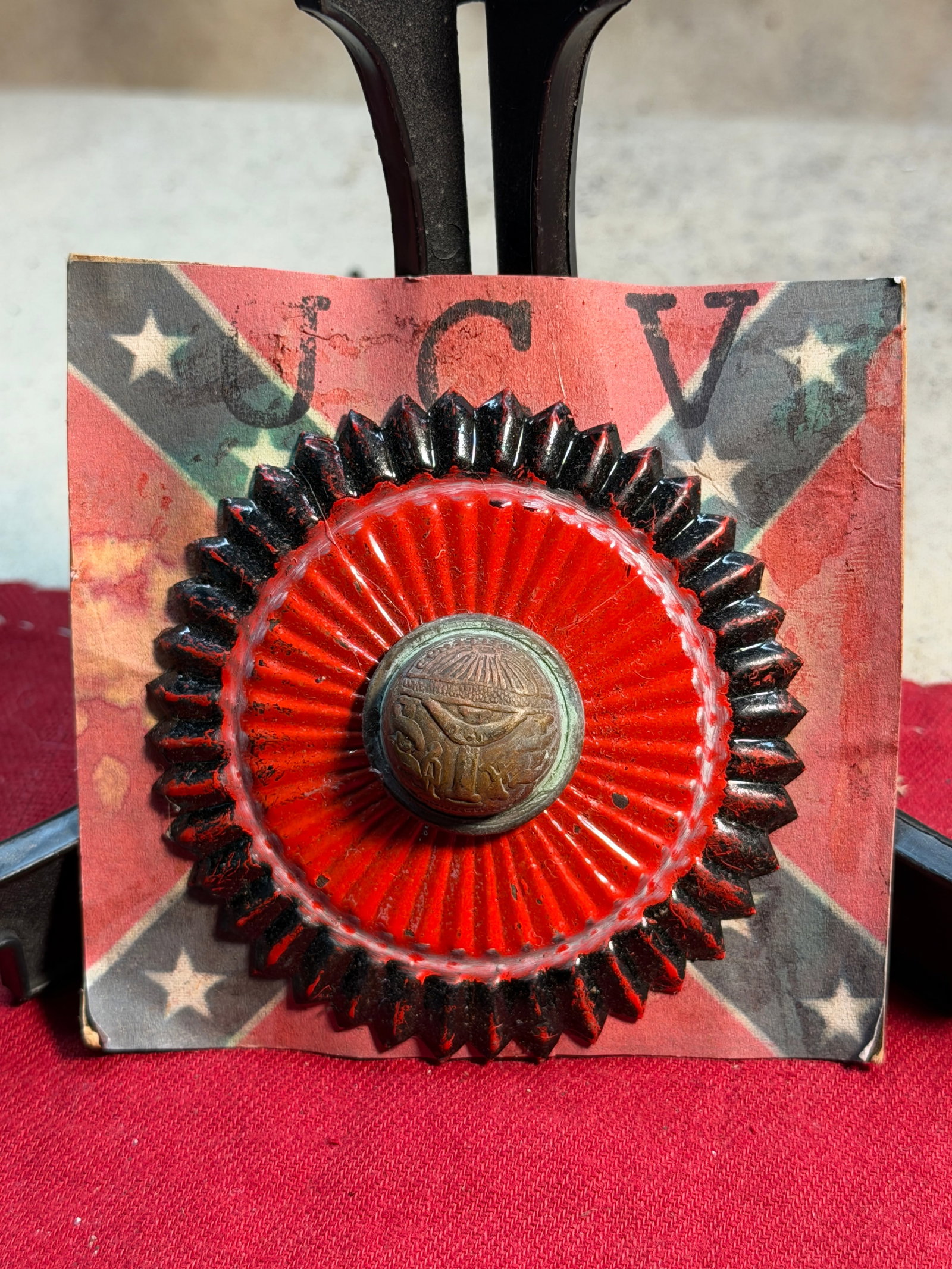 United Confederate Veterans Reunion Cockade with Georgia State Seal Button (Late 19th–Early 20th: This decorative cockade was produced for members or attendees of the United Confederate Veterans (UCV), an organization founded in 1889 to unite former Confederate soldiers and to promote veterans’ 