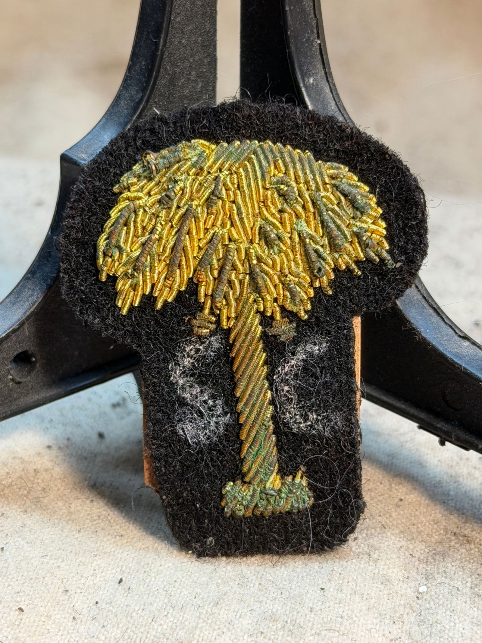 Civil War Confederate South Carolina Palmetto Tree Embroidered Badge By J.H. Silverberg, Charleston,: This small embroidered insignia features the palmetto tree, one of the most enduring symbols of South Carolina, rendered in gold and green metallic bullion thread on a dark wool backing. The palmetto