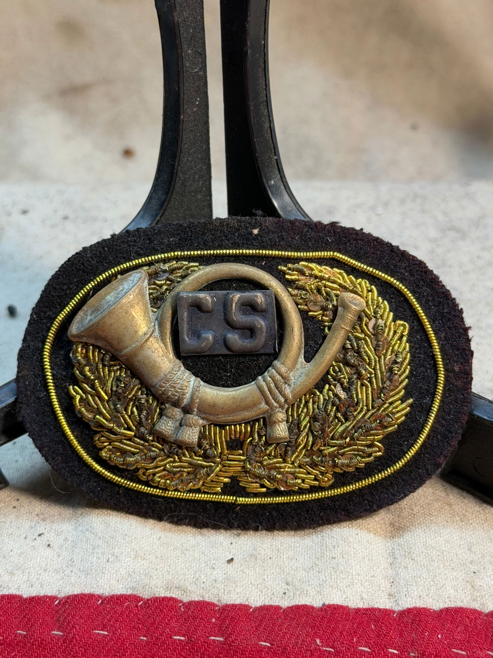 Civil War Confederate States Infantry Hat Wreath Insignia (c. 1861–1865: This insignia is a Confederate States (C.S.) infantry hat wreath, worn on the front of a kepi, forage cap, or slouch hat by enlisted men and non-commissioned officers during the American Civil War. Th