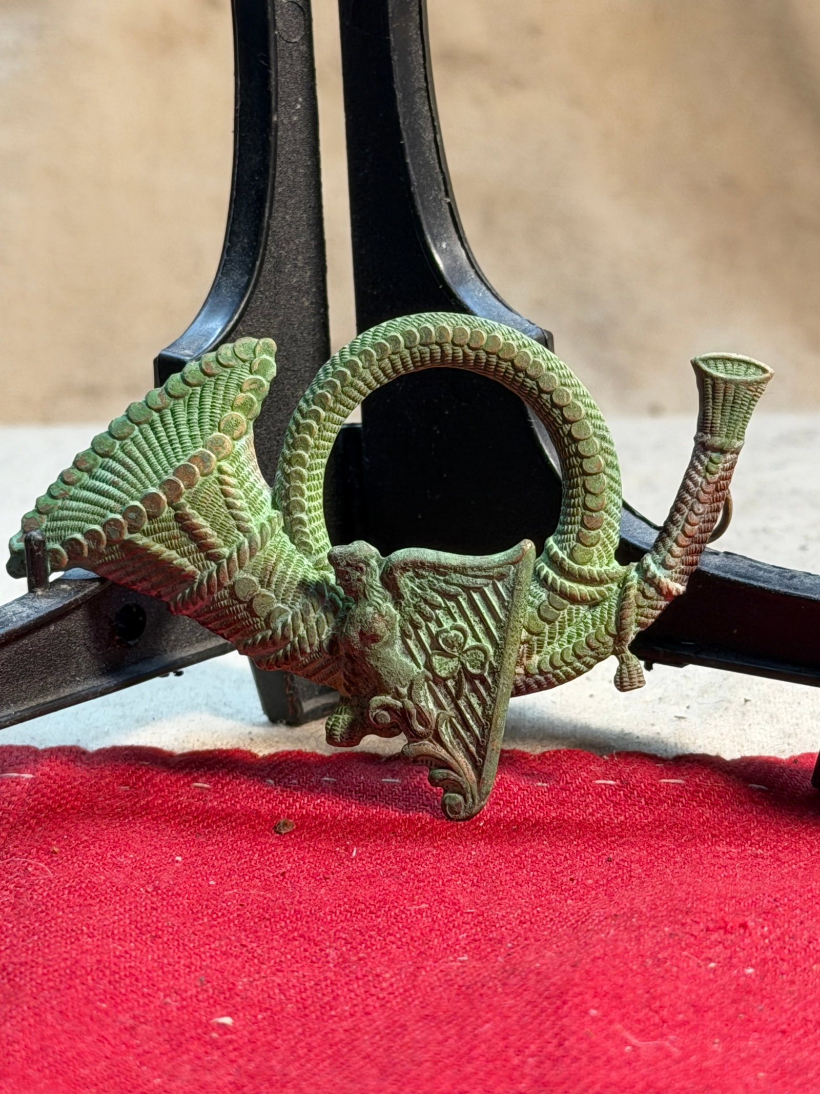 Civil War Infantry Irish Brigade Headgear Badge: This ornate cast-brass headgear badge, measuring approximately 3¼ inches across, is attributed to an Irish Brigade infantry unit during the American Civil War. The design features a prominent h