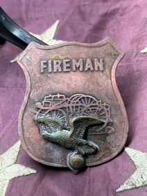 Fireman Badge with Eagle and Hand-Drawn Fire Engine