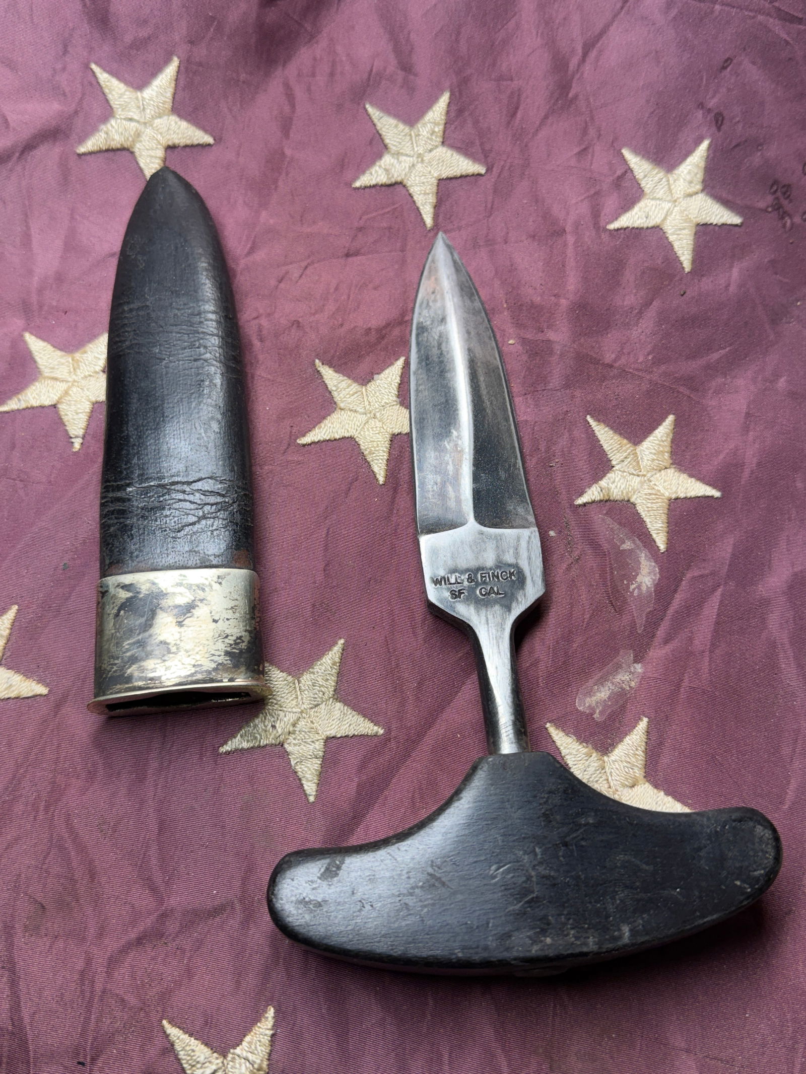 Will & Finck Dagger, San Francisco, California: This dagger was manufactured by Will & Finck, a prominent San Francisco cutlery and surgical instrument firm active during the mid-19th century. The blade bears the stamped maker’s mark “WILL & FI