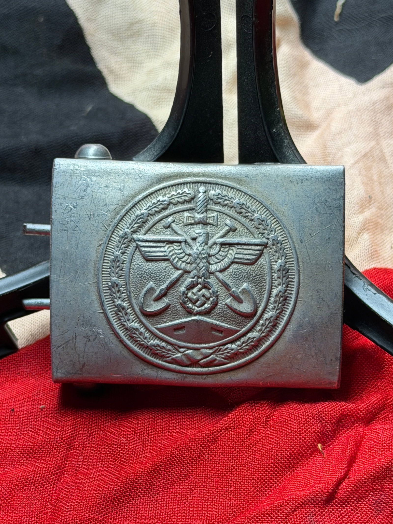 WW2 German Organisation Todt Belt Buckle (RZM-Marked): This belt buckle is associated with Organisation Todt (OT), the German state engineering and construction organization active during the Second World War. Organisation Todt was responsible for large-s