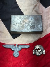 VET BRING BACK WW2 GERMAN TOTENKOPF SS SKULL AND SS EAGLE VISOR CAP SET IN ORIGINAL SILVER BOX