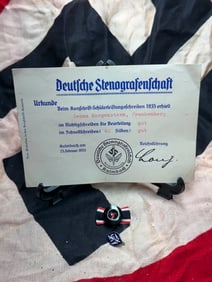 WW2 German Stenography Proficiency Certificate and Organizational Insignia