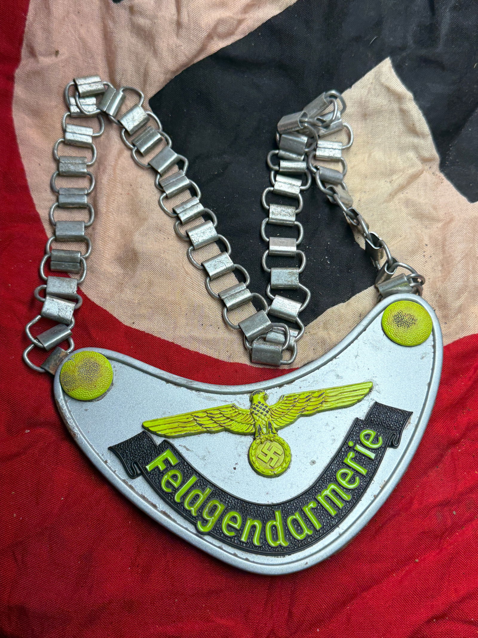 WW2 German Gendarmerie Gorget (Feldgendarmerie Dienstabzeichen): This object is a German Feldgendarmerie gorget, an official service insignia worn by members of the German military police (Feldgendarmerie) during the Second World War. The crescent-shaped metal plat