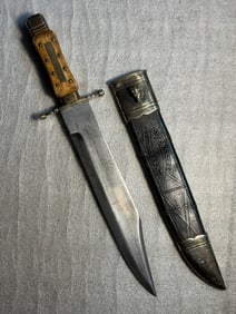 Sheffield Bowie Knife with Stag-Handled Grip and Embossed Leather Scabbard, England, Mid–Late 19th