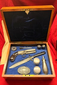 1800's Cased Five-Barrel Pepperbox Pistol with Sheffield Bowie Knife and Gentleman’s Accessories,