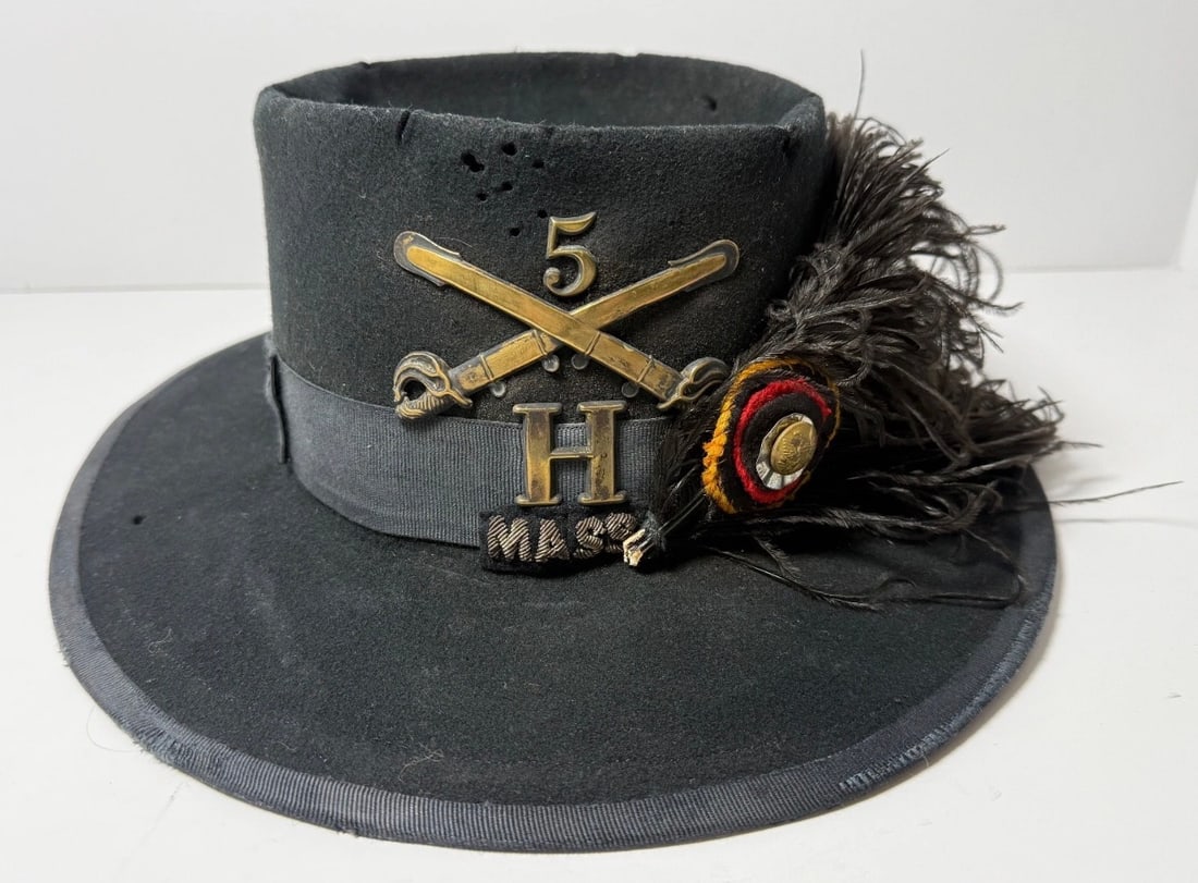 Civil War–Era United States Army 5th Cavalry Enlisted Dress Hat with Feather Plume: This enlisted dress hat is associated with the United States Army 5th Cavalry Regiment, a unit formed during the American Civil War (1861–1865) and active in many of the conflict’s western and bor