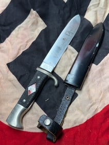 WW2 German Hitler Youth (HJ) Utility Knife with Inscribed Blade and Scabbard