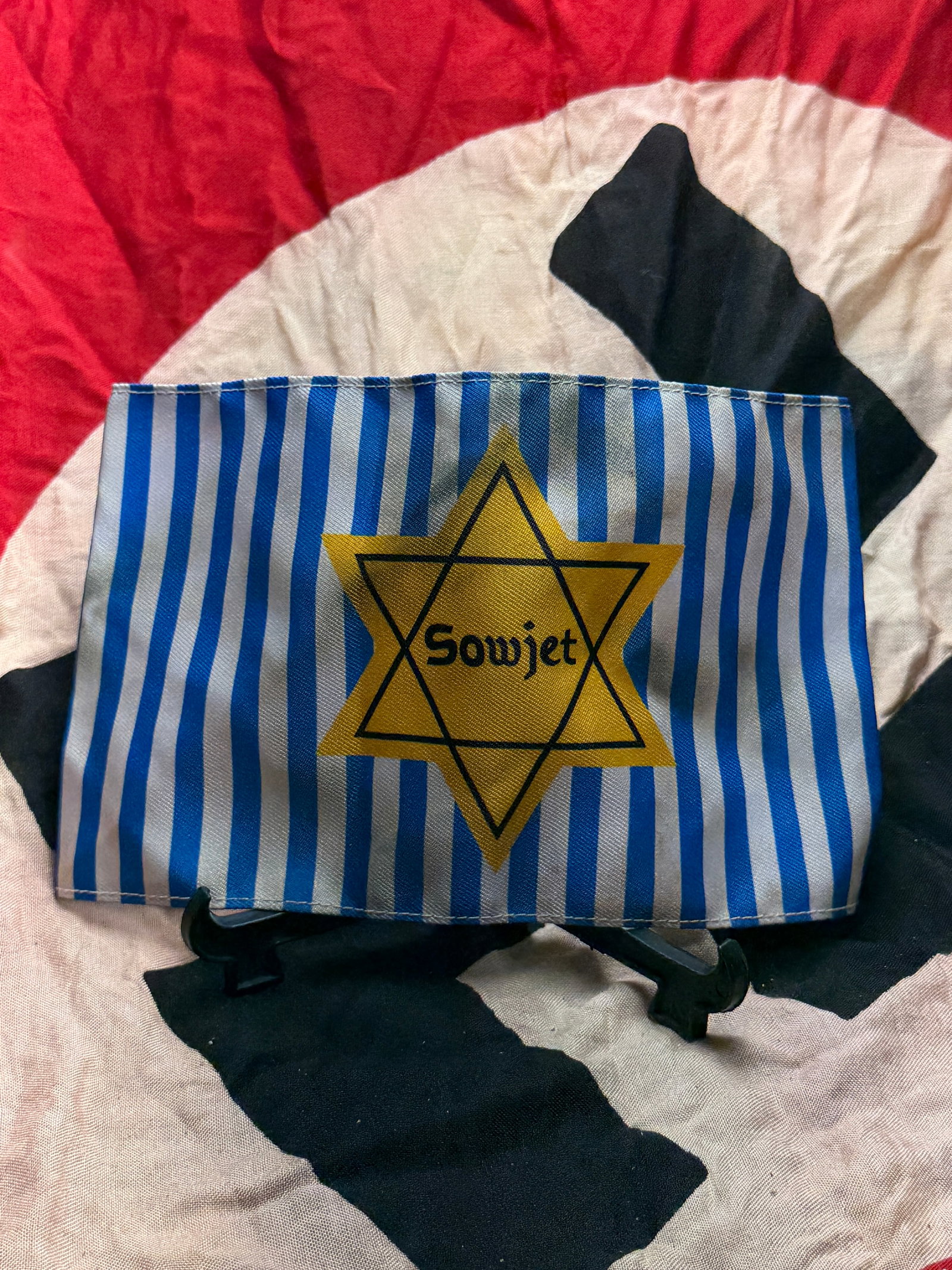 WW2 German “Sowjet?? Concentration Camp Armband With Star of David: This textile armband is identified as a World War II German prisoner designation armband, specifically used to mark Soviet prisoners under Nazi custody. The armband features blue-and-white vertical st