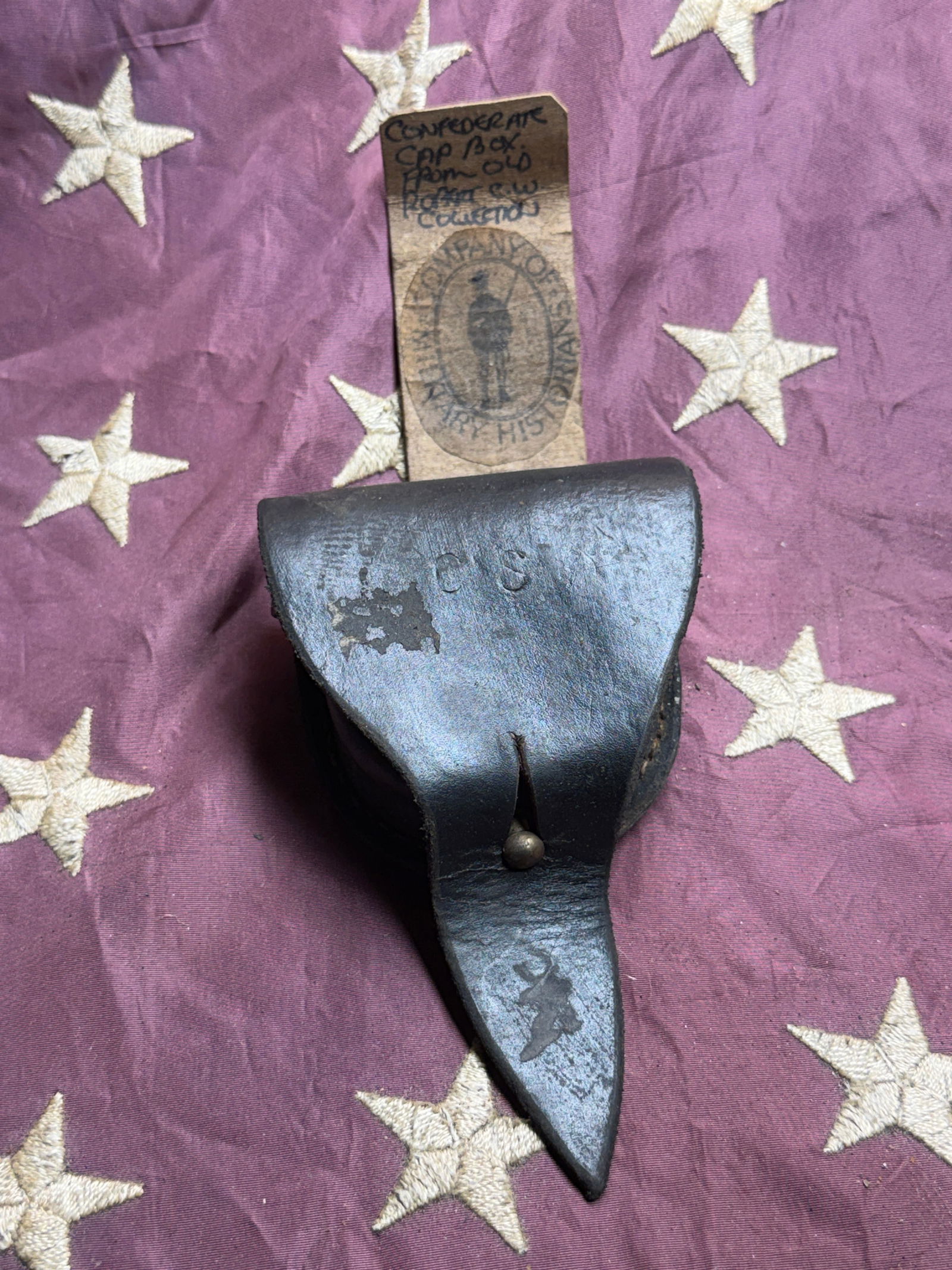 Civil War Confederate Artillery Cap Box, “CS?? Marked: This leather cap box is attributed to Confederate artillery service during the American Civil War. Designed to carry friction primers and related ignition components for cannon operation, the cap box