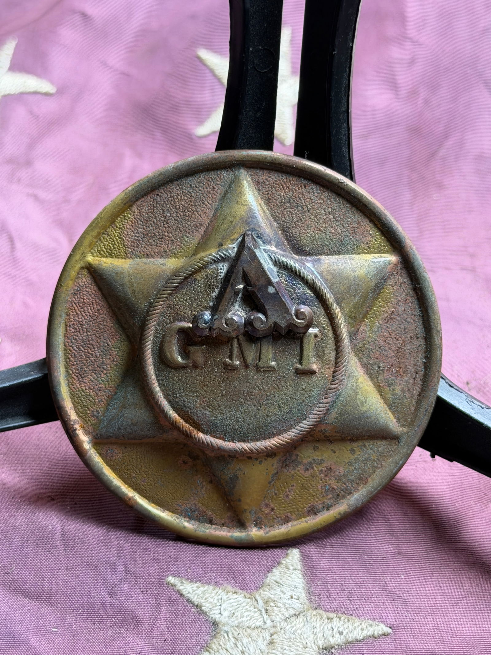 Civil War Breast Plate of the Georgia Military Institute, Company A: This cast brass breast plate is attributed to the Georgia Military Institute (GMI), Company A, and dates to the American Civil War era. Circular in form and embossed with a raised five-pointed star, t