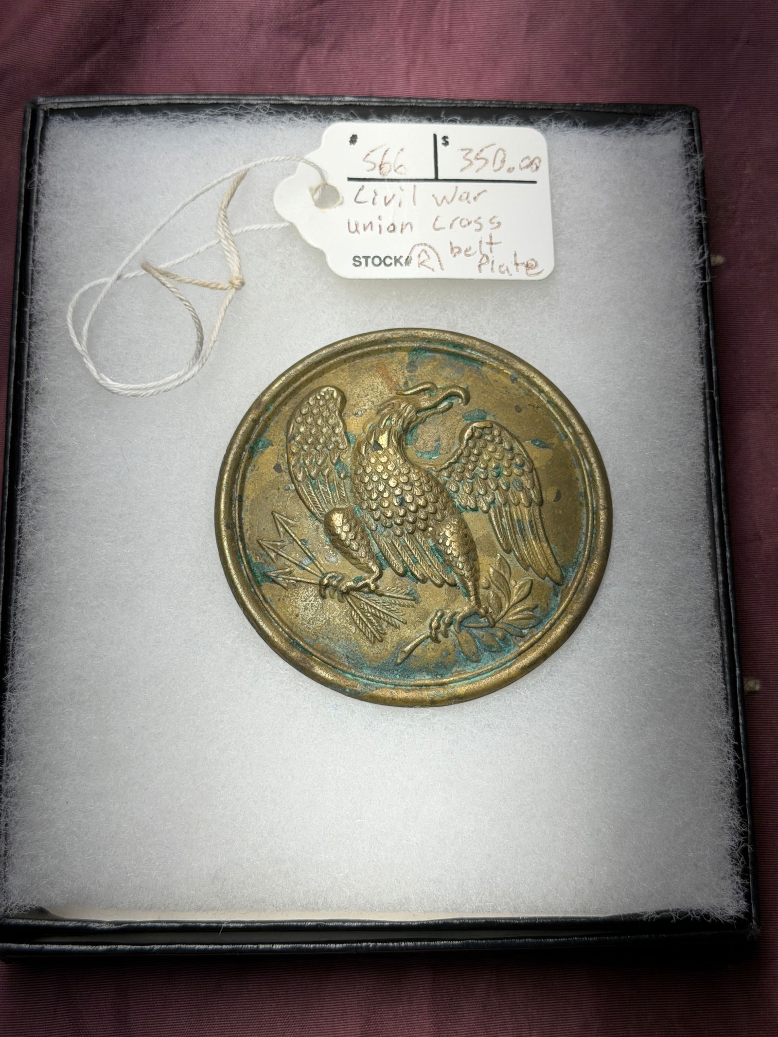 Civil War Union Eagle Belt Plate (Oval “U.S.?? Waist Belt Plate): This oval brass Union waist belt plate features the iconic American eagle, wings spread, clutching arrows and an olive branch—symbolizing the Union’s resolve in war and commitment to peace. Such p